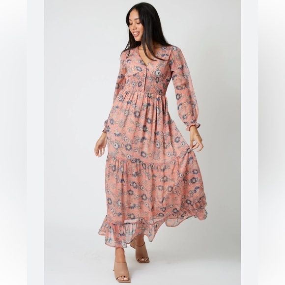 Patrons of Peace Dresses & Skirts - Patrons of Peace Peach Pink Navy Floral Longsleeve Maxi Dress Smock Button Front